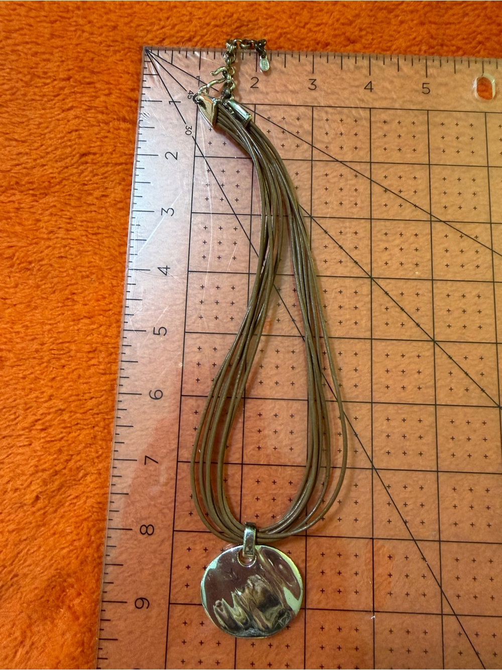 Monet Silver Tone Round Pendant Necklace Brown Multi Strand Cord Signed
